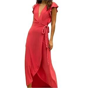 Misa Los Angeles Coral Pink Midi‎ Maxi Wrap Dress Size XS Belted Short Sleeve